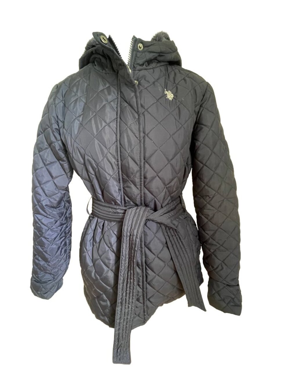 U.S. Polo Assn Quilted Belted Faux Fur Lined Hooded Winter Coat Small